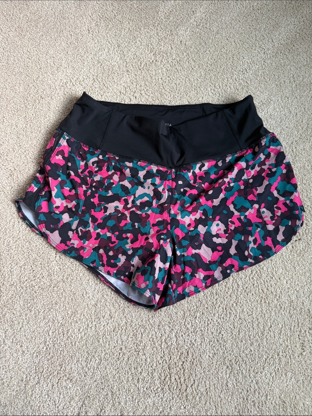 Athleta Black Waist Athletic Shorts with Pink and Teal Camo